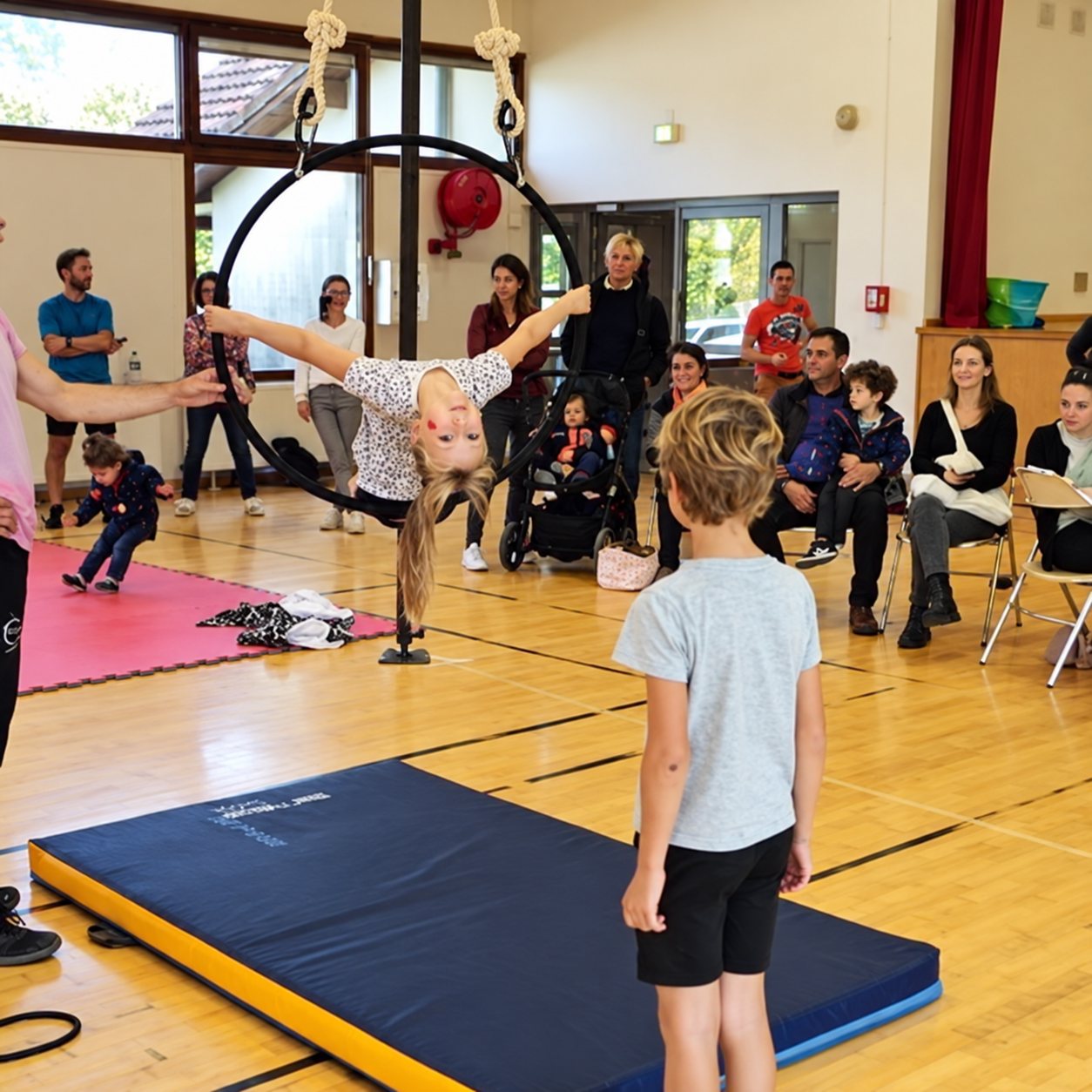 Une artiste se tient en équilibre sur un cerceau aérien suspendu dans une salle de sport, observée par des enfants et des adultes assis autour.