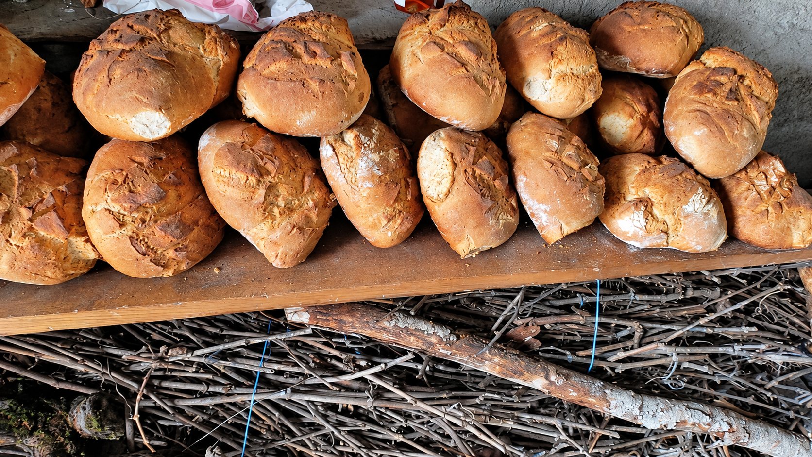 Une quinzaine de pains rustiques à croûte dorée sont alignés sur une planche en bois, au-dessus d'un tas de sarments et de petit bois.