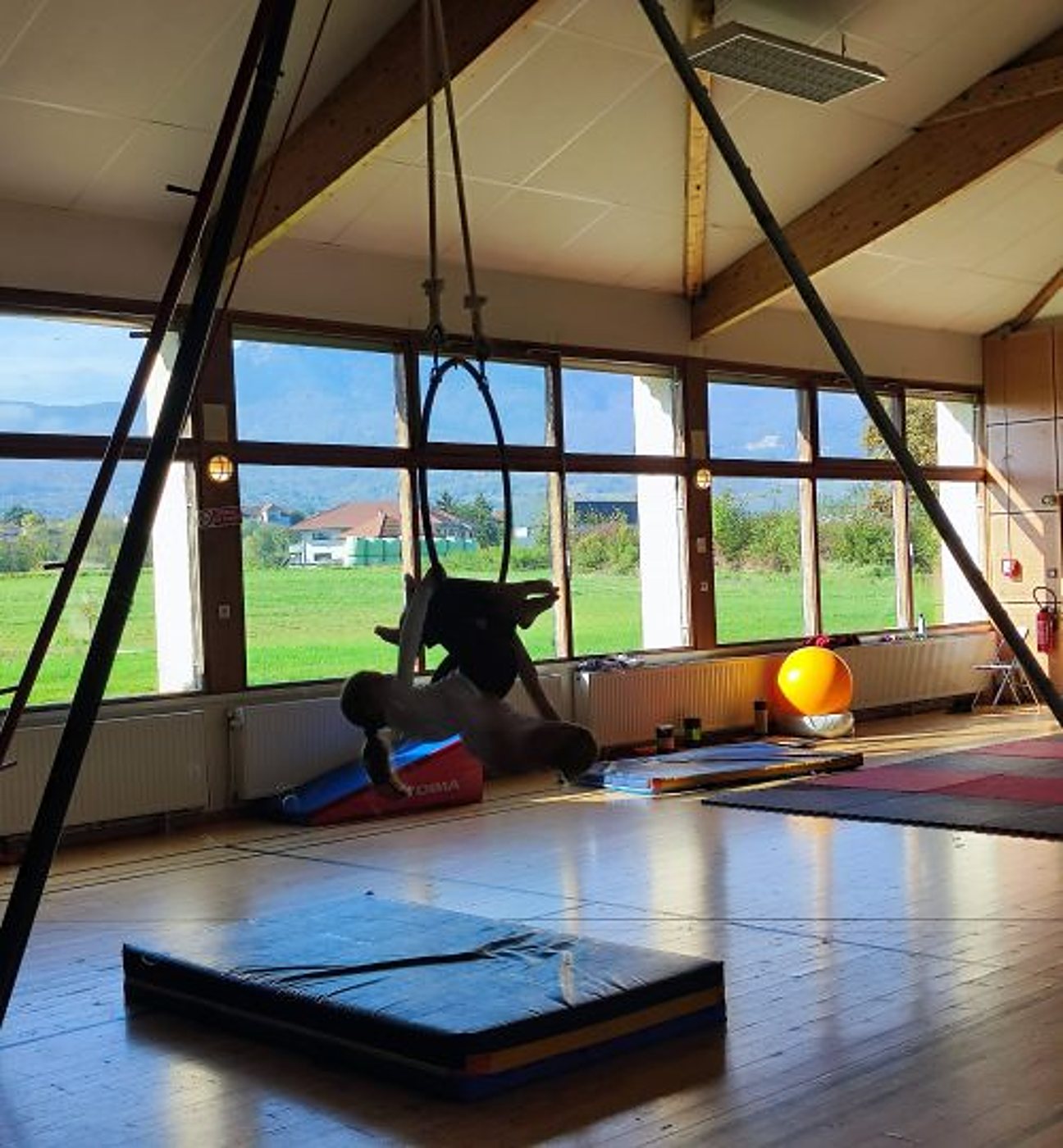 Une salle de sport aux grandes fenêtres donnant sur des prés et des montagnes, équipée d'un cerceau aérien, de tapis et d'un ballon orange, où une personne s'exerce.