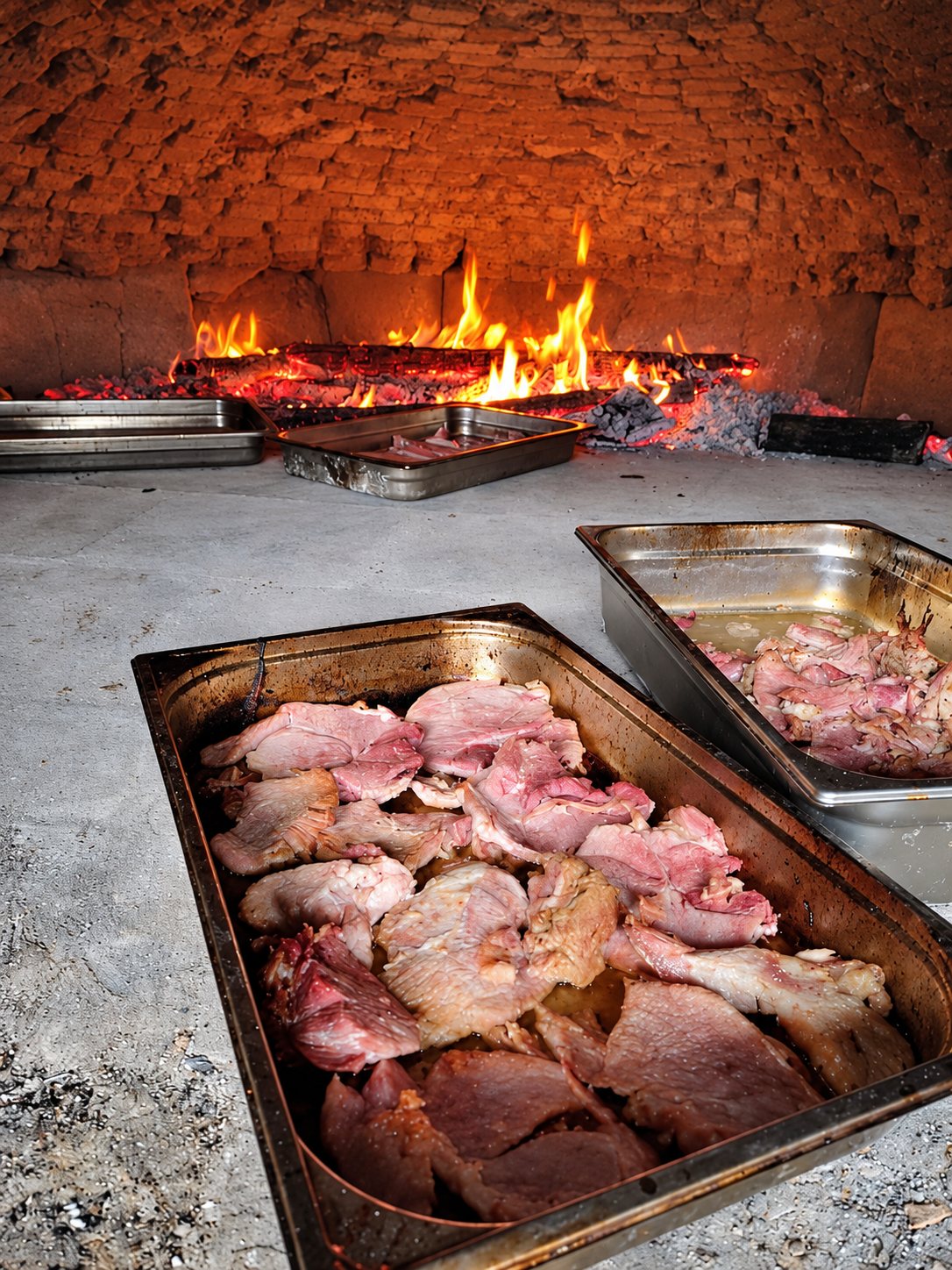 Des bacs en inox remplis de morceaux de viande cuisent sur la sole d'un four à bois en briques, avec un feu de bûches au fond.
